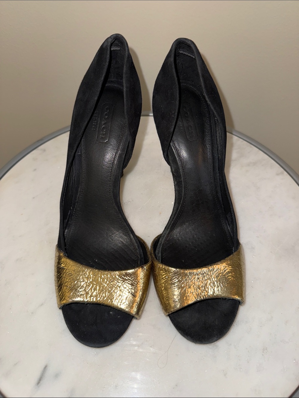 Coach Black Suede and Gold Open Toe Pumps